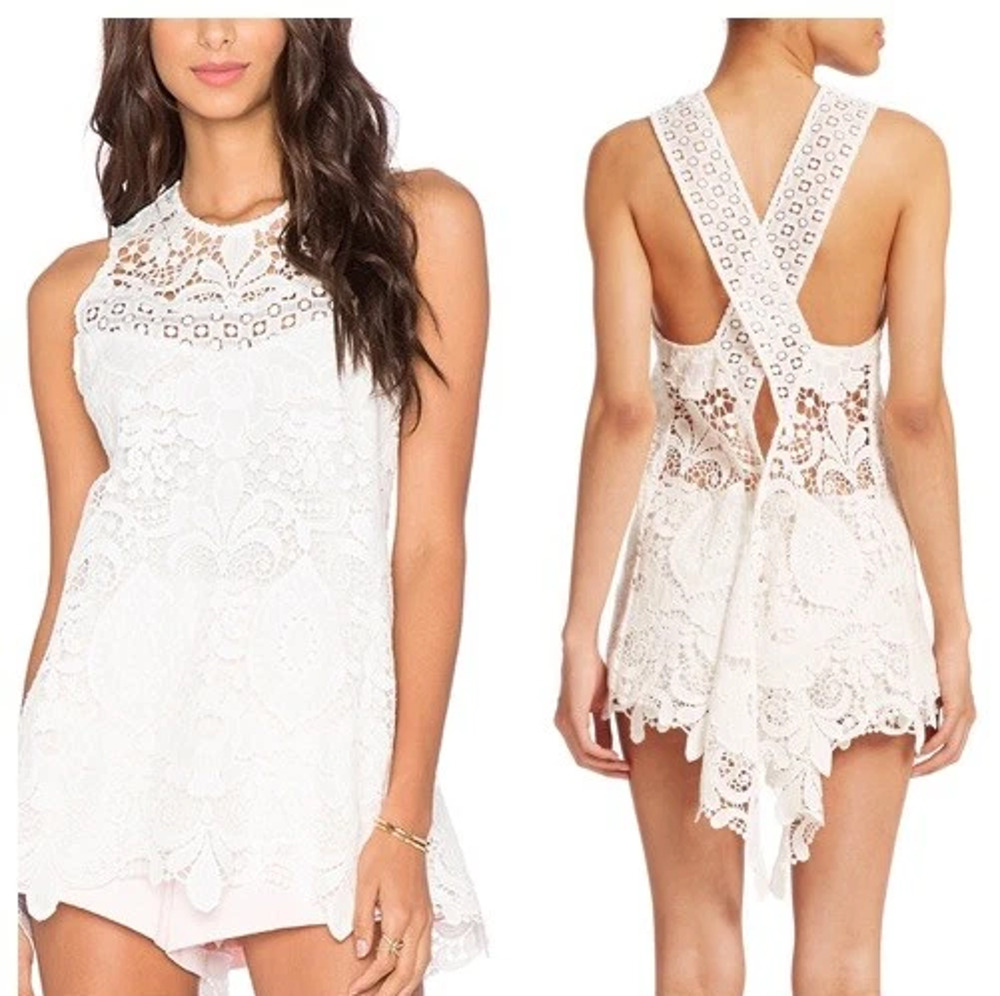 Alexis "Ji" Sleeveless Open Back Floral Crochet Tunic Blouse Top White Womens XS